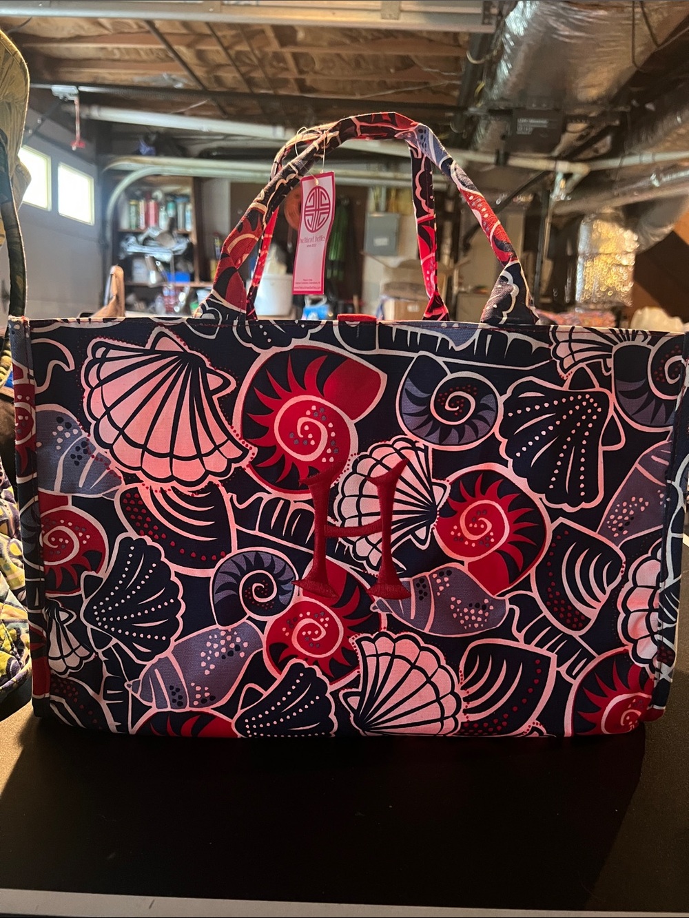 Nautical Shell Print Tote Bag in Navy & Red
